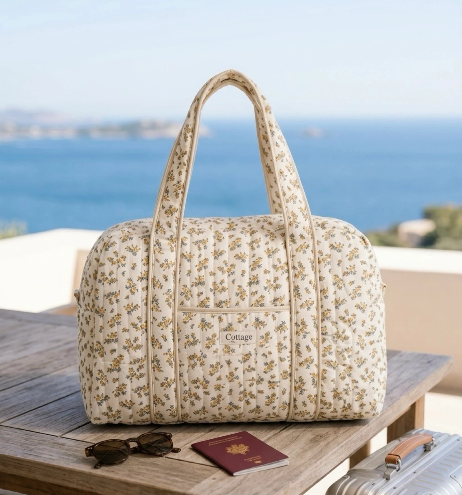 Sac de Voyage 100% Coton Collection Cottage & Bag / Modèle Bouquets de Fleurs Crème 